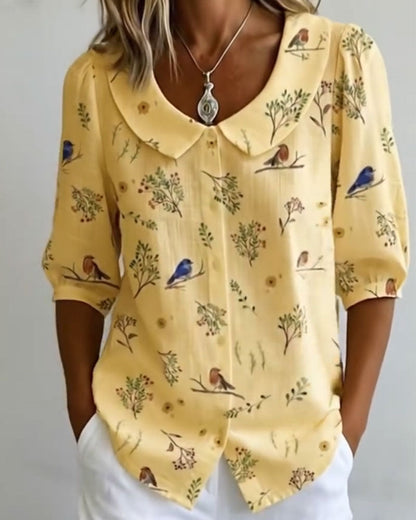 Bird Pattern Peter Pan Collar Shirt