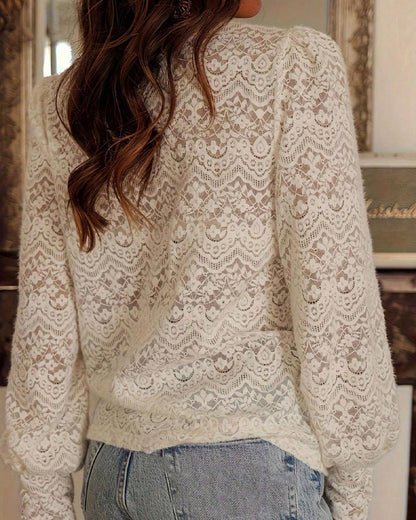 Long-Sleeve Solid Color V-Neck Lace Blouse