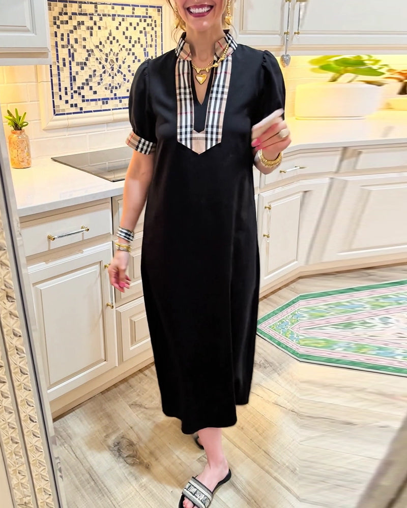 Puff Sleeve Plaid Contrast Dress