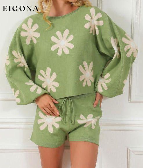 Flower Pattern Long Sleeve Sweater and Drawstring Shorts Set clothes lounge lounge wear lounge wear sets loungewear loungewear sets sets Ship From Overseas SYNZ
