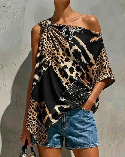 Leopard Print Patchwork One Shoulder Blouse