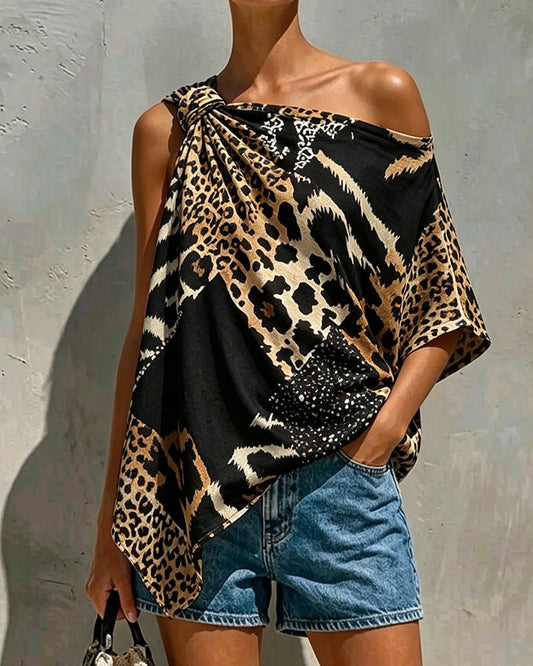 Leopard Print Patchwork One Shoulder Blouse blouses & shirts spring summer