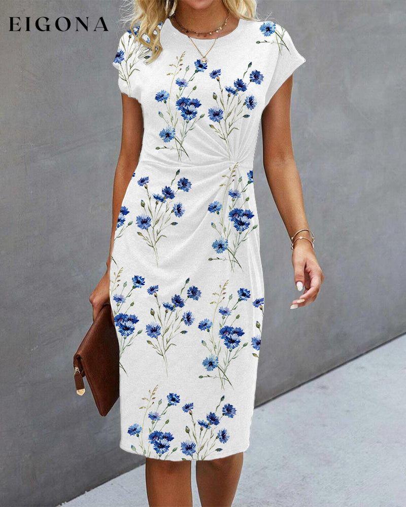 Blue Floral Print Dress with Short Sleeves White 23BF Casual Dresses Clothes Dresses Spring Summer