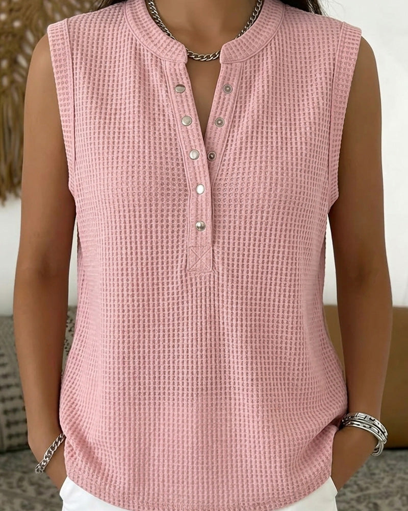 Sleeveless Button-Front Waffle Knit Tank Top