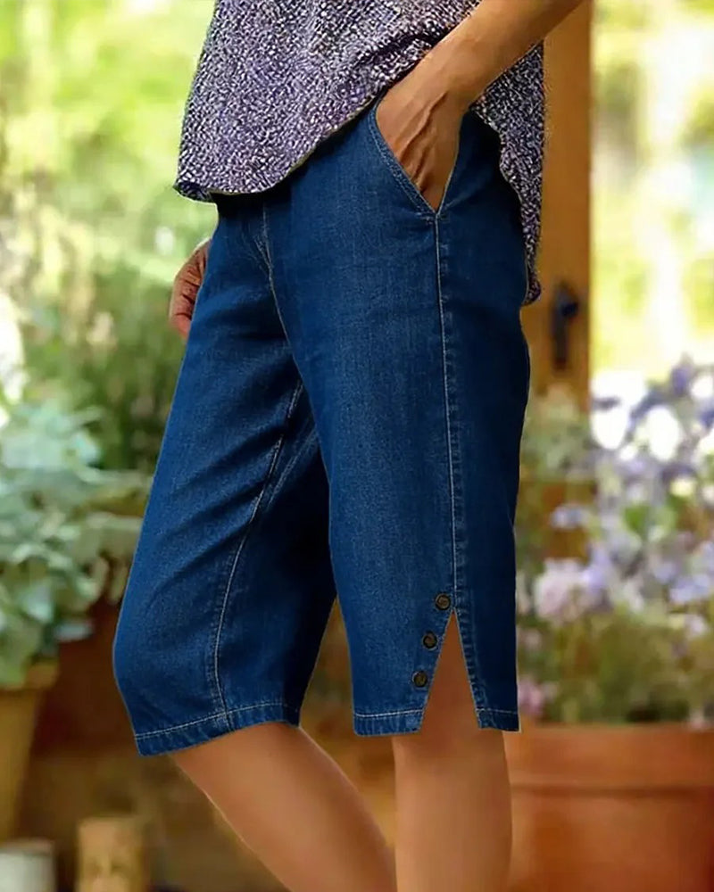 Straight-Leg Denim Cropped Shorts