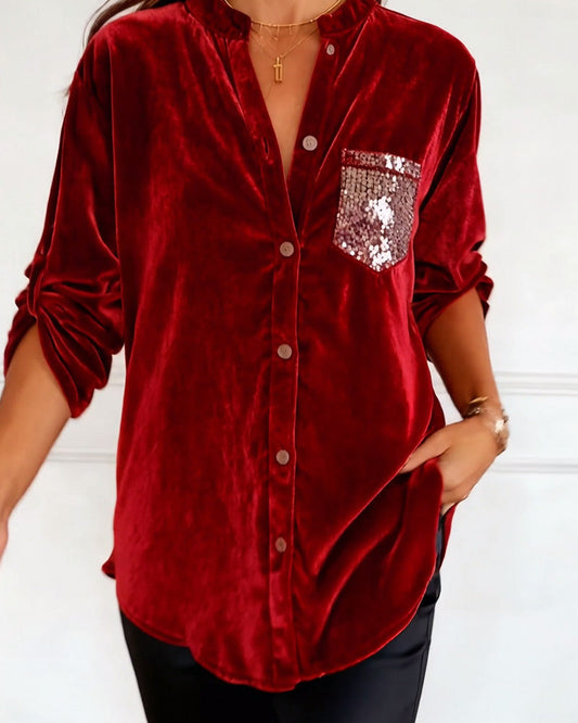 Sequined Pocket Velvet Blouses
