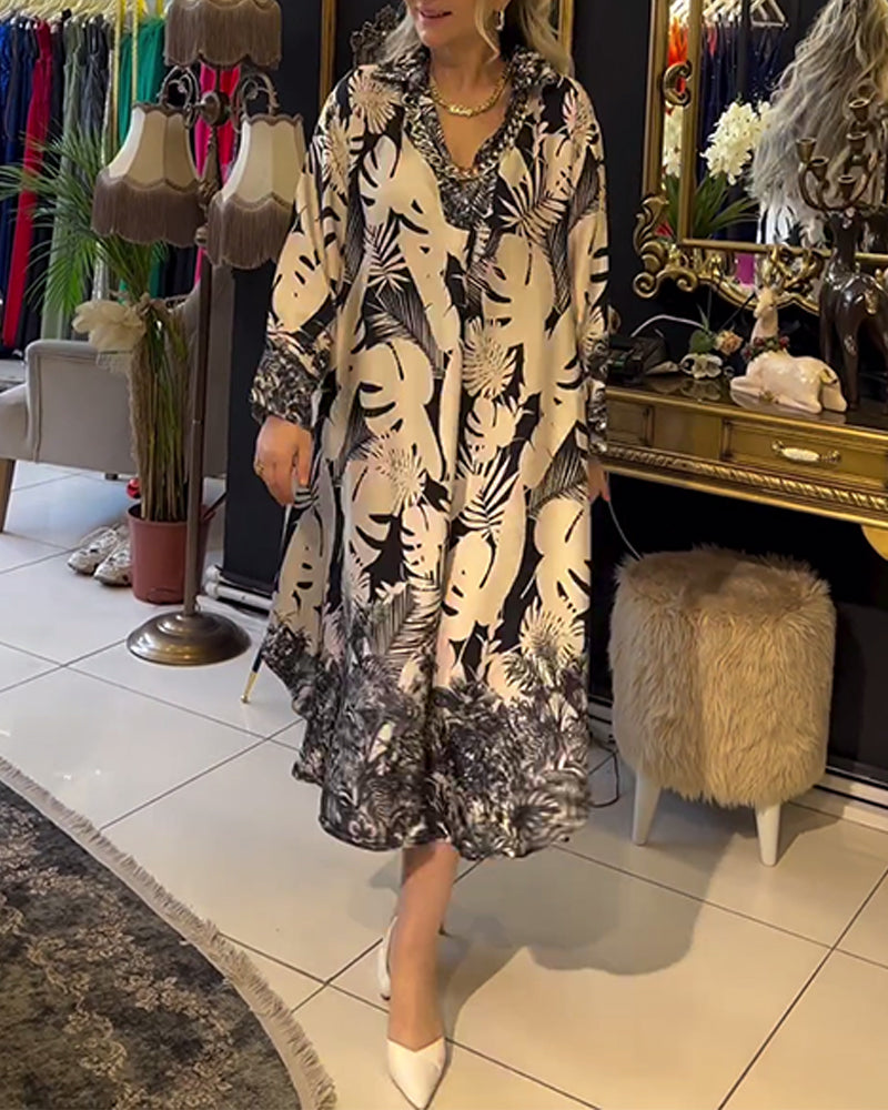 Leaf print lapel slit dress casual dresses spring summer