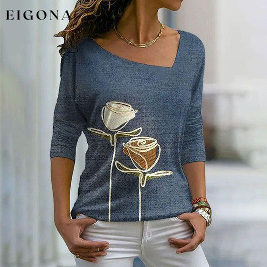 Rose Print Casual T-Shirt Blue best Best Sellings clothes Plus Size Sale tops Topseller