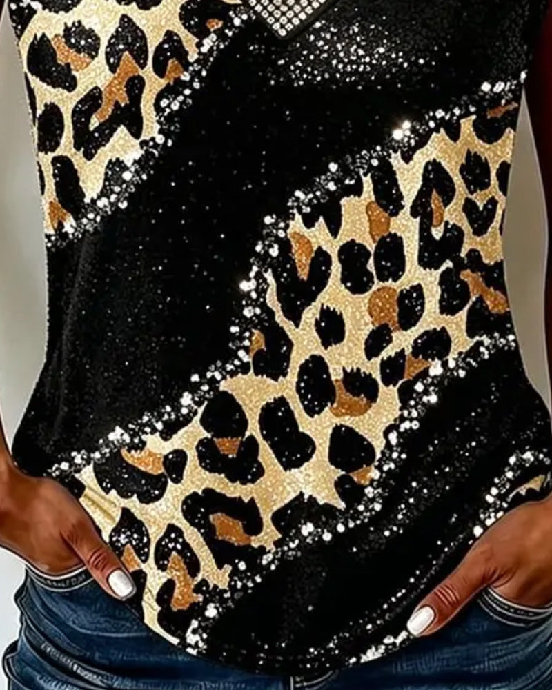 Color-Blocked V-Neck Leopard Print Vest