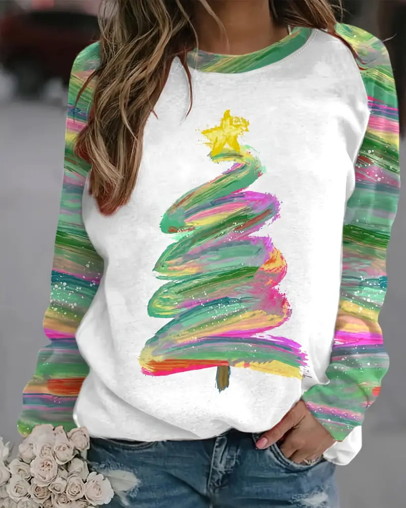 Cozy Christmas Tree Print Long Sleeve Crew Neck Pullover Sweatshirt