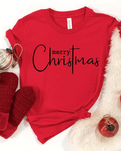 Merry Christmas simple letter print round neck T-shirt 2024 f/w christmas summer t-shirts