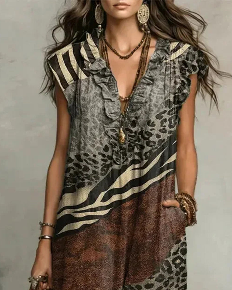 V-Neck Ruffle Pattern Patchwork Dress