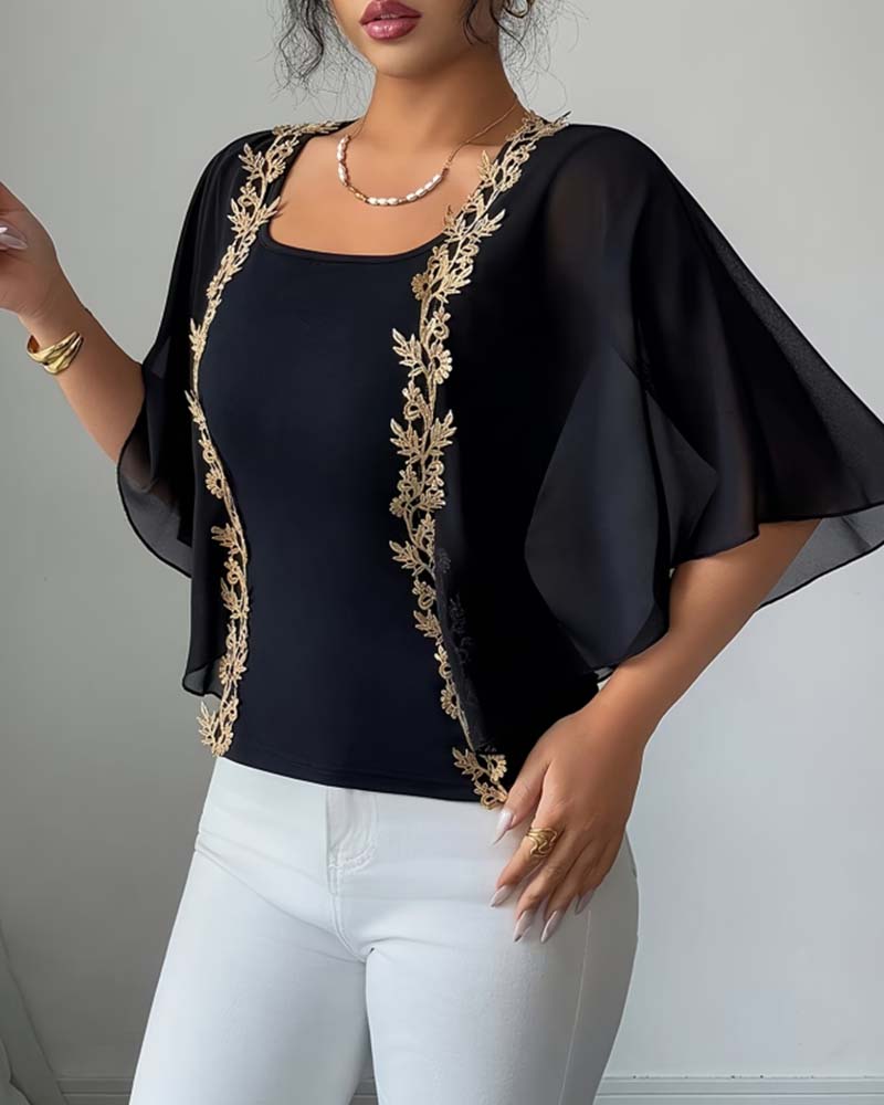 Batwing Sleeve Fake Two-Piece Blouse