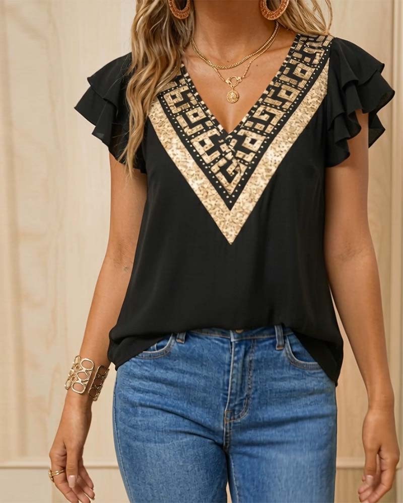 Lotus Leaf Print V-Neck Contrast Blouse