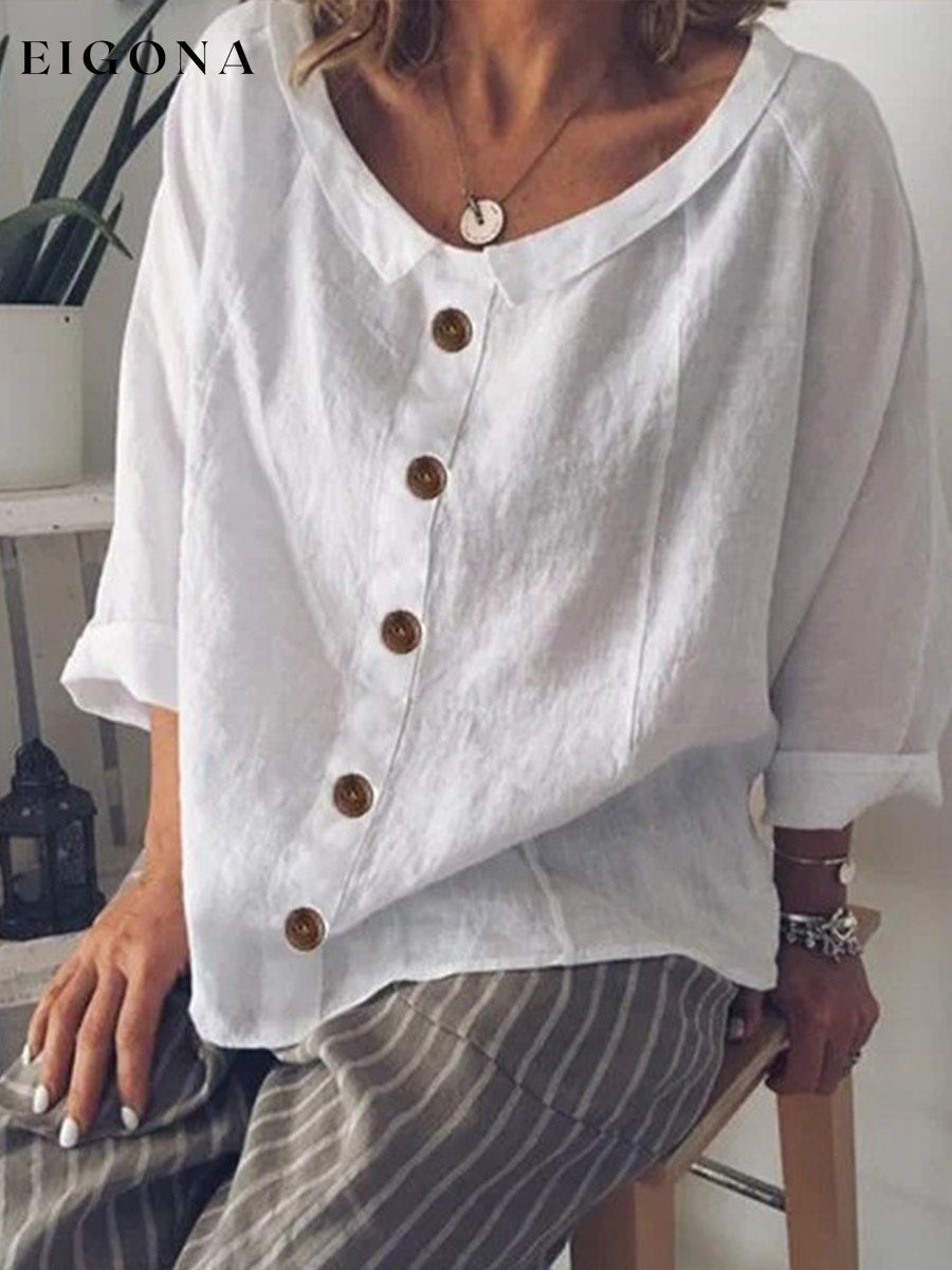 Women's Solid Color Loose Button Doll Collar Cotton Linen Top cotton linens