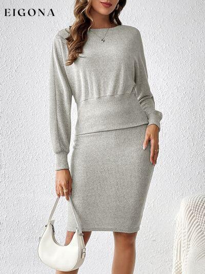 Ribbed Round Neck Top and Skirt Set, 2 Piece Sweater and Skirt Set bottoms clothes lounge wear sets midi skirts sets Ship From Overseas skirt skirts Sweater sweaters Z@Q