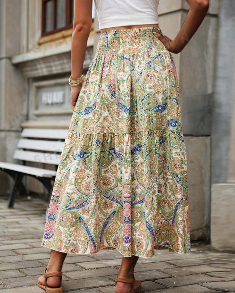 Retro printed high waisted pleated skirt skirts spring summer