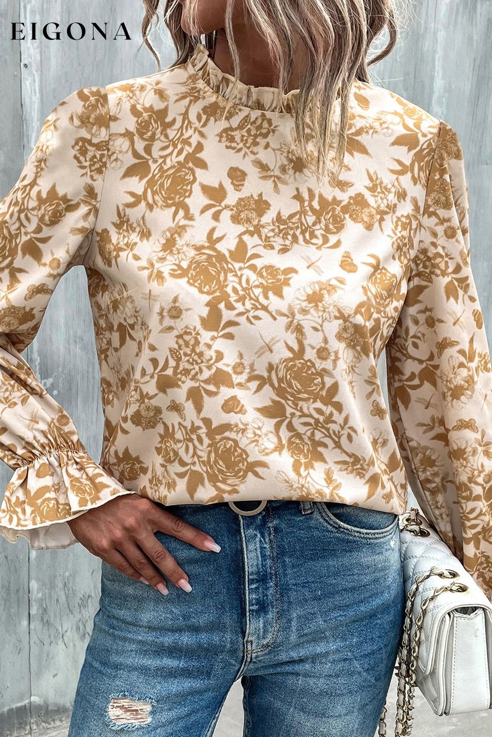 White Floral Print Frilled Neckline Flounce Sleeve Blouse clothes long sleeve shirt long sleeve shirts long sleeve top long sleeve tops shirt shirts top tops Tops/Blouses