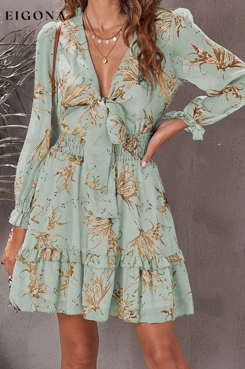 Floral Deep V Flounce Sleeve Mini Dress Gum Leaf clothes dress dresses long sleeve dresses Ship From Overseas short dresses SYNZ trend trendy