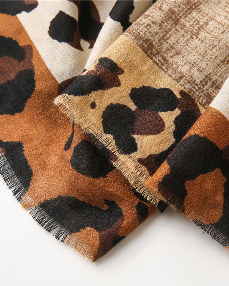 Women's Leopard Patchwork Print Fringe Shawl Scarf 2024 f/w accesories spring summer