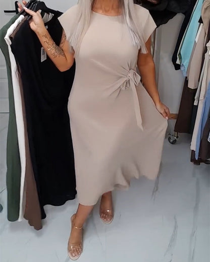 Solid Color Round Neck Waist-Defining Elegant Dress