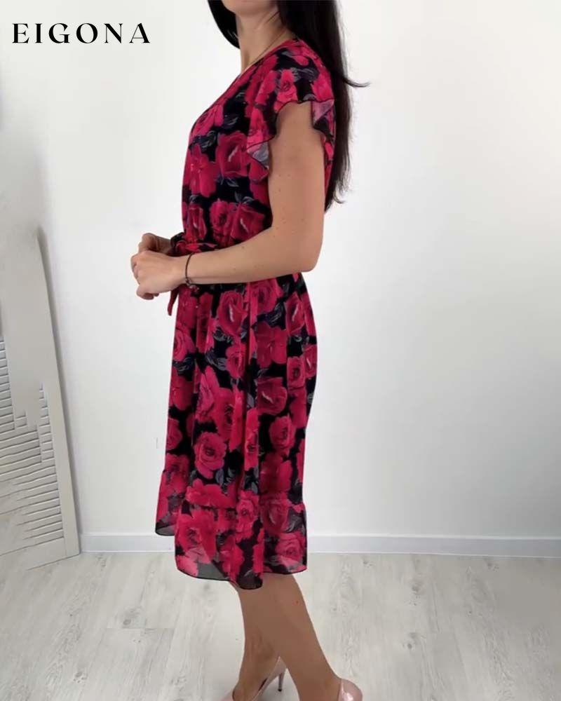 Short-sleeved rose print dress casual dress elegant dress spring summer