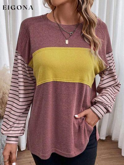 Round Neck Striped Long Sleeve Slit T-Shirt Light Mauve A@X@E clothes long sleeve shirt long sleeve shirts long sleeve top long sleeve tops Ship From Overseas shirt shirts