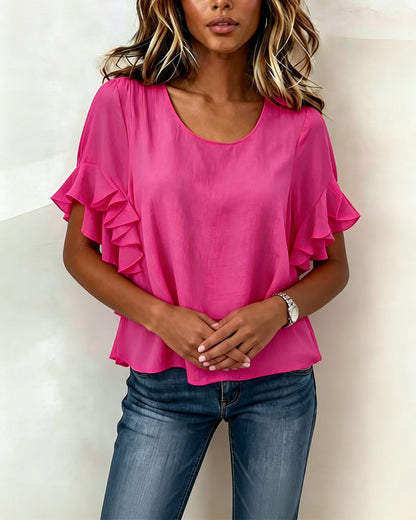 Round Neck Ruffled Short-Sleeved T-Shirt