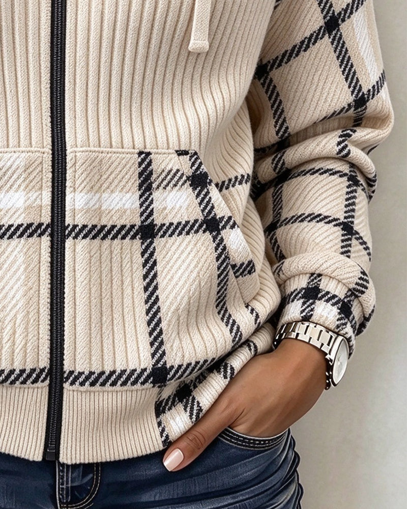 Zippered Plaid Drawstring Hooded Coat