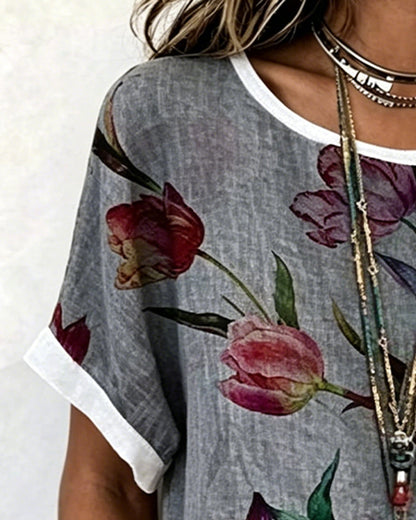 Tulip Print Side-Button Blouse