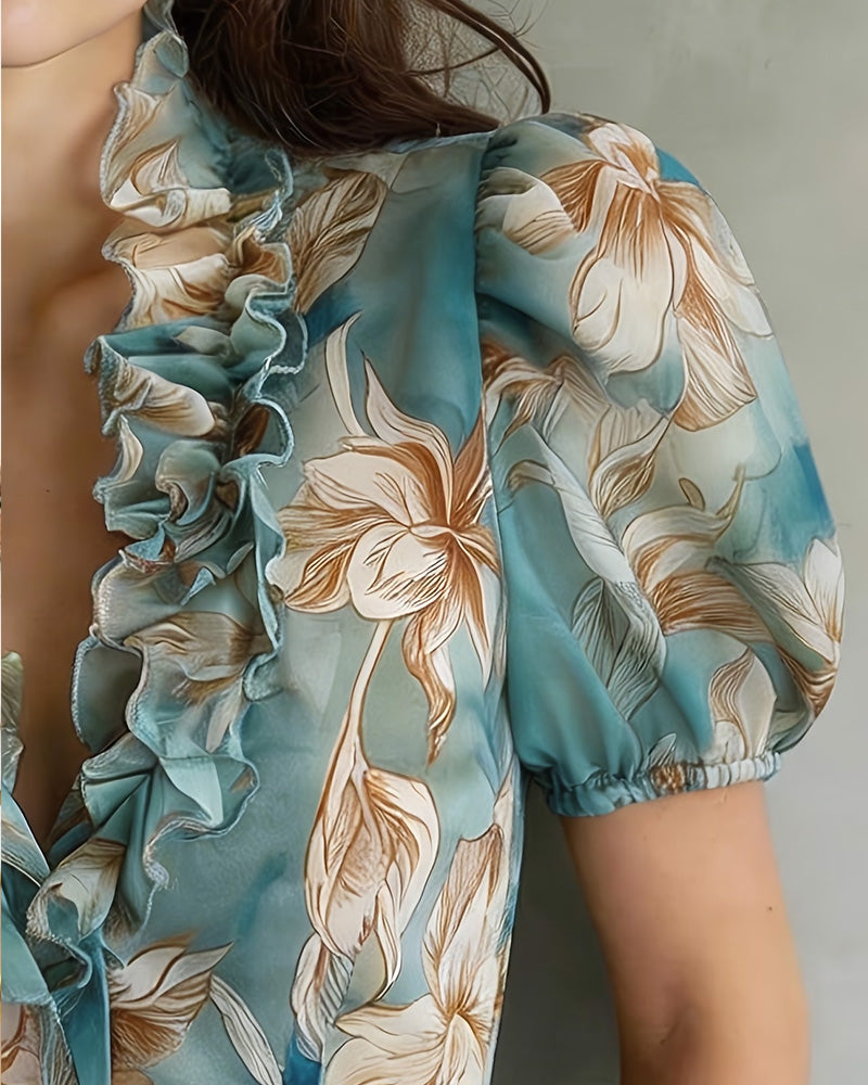 Ruffled Floral Puff Sleeve Blouse
