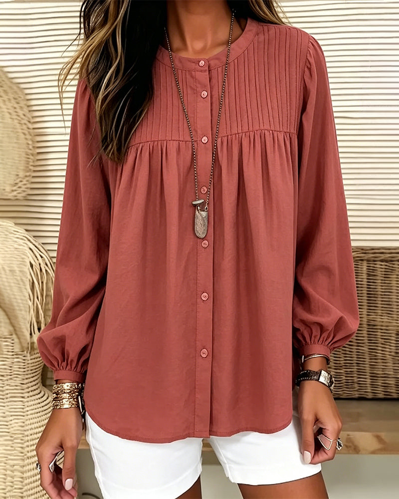Round Neck Pleated Long Sleeve Blouse