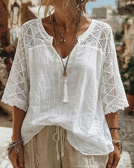 Solid-Color Paneled V-Neck Blouse