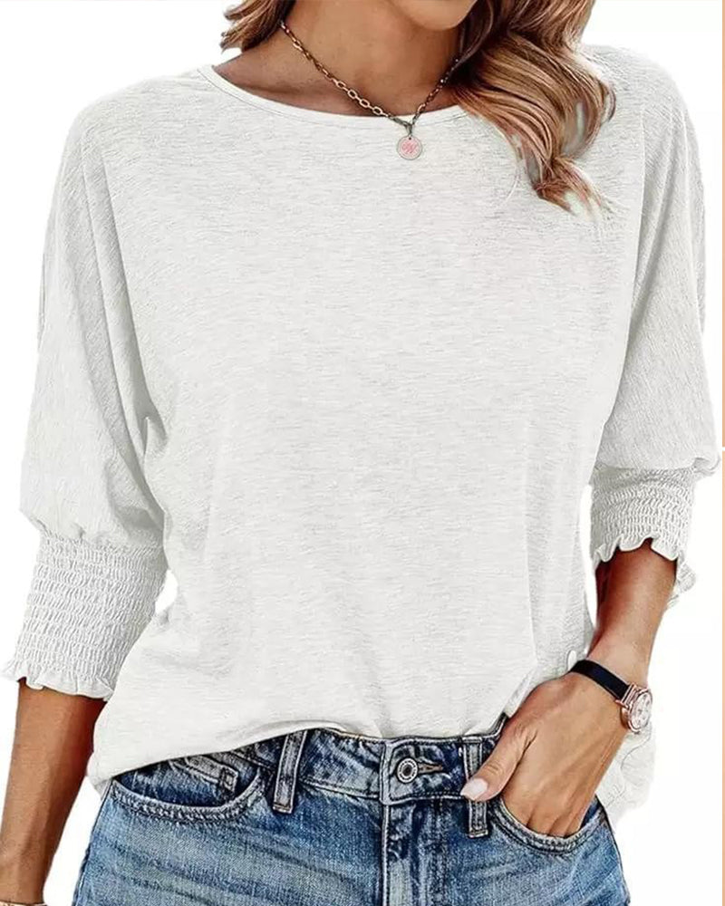 Loose Round Neck Shirred Cuff T Shirt