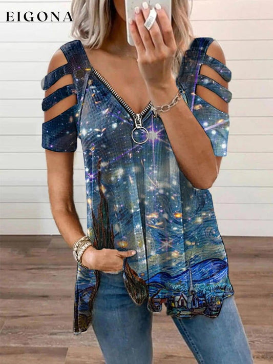 Women's Art Star Print Zipper V-Neck Off-Shoulder T-Shirt starry