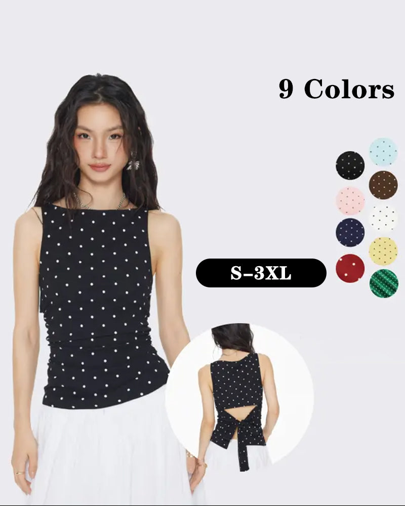 Polka Dot Boat Neck Side Pleat Tank Tops