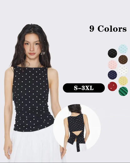 Polka Dot Boat Neck Side Pleat Tank Tops spring summer tank tops & camis