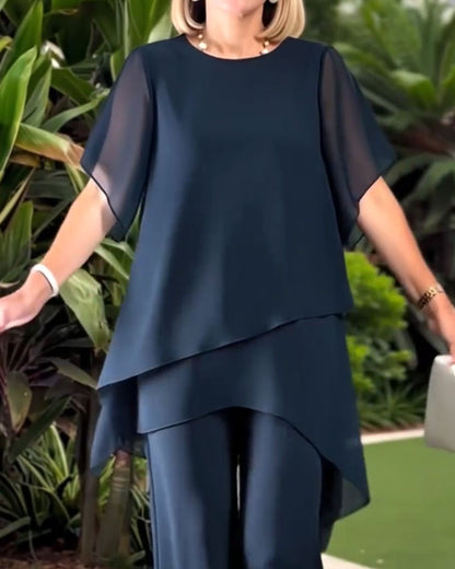 Chiffon Asymmetrical Top Wide-Leg Pants Set