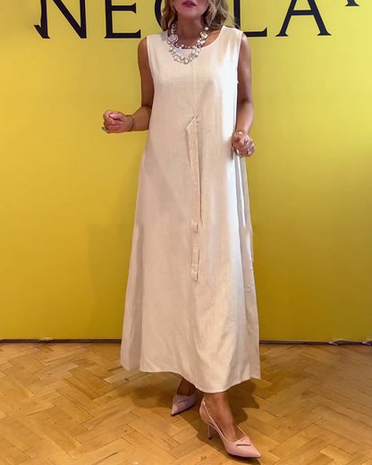 Sleeveless Cotton And Linen Waist Solid Color Dress
