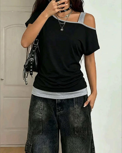 One-Shoulder Color Block Casual T-Shirt