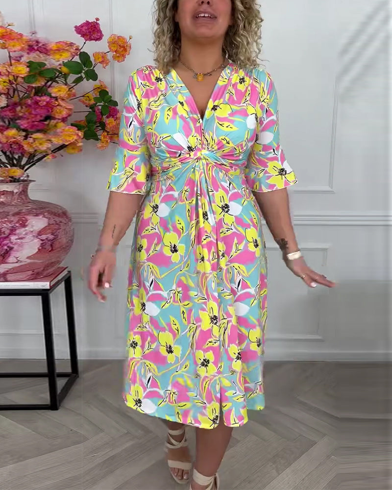 Colorblock Floral Twist Vacation Dress