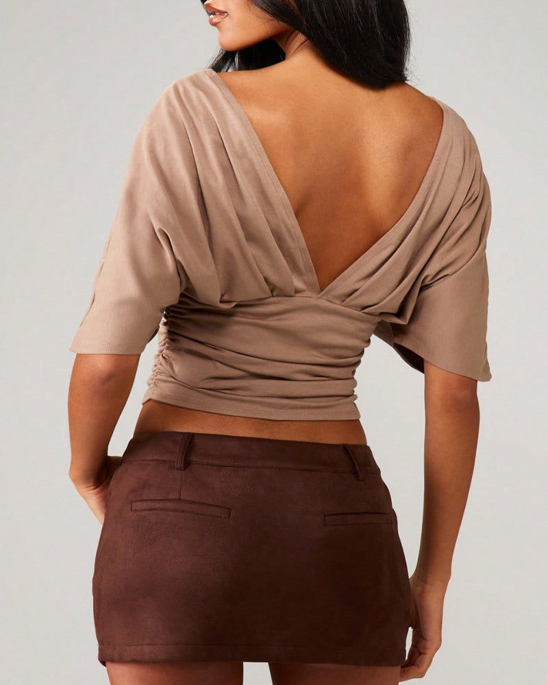 V-Neck Batwing Sleeve Waist Tie Top