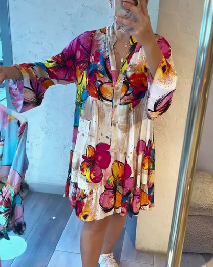 Colorful Large Floral Print Short Dress