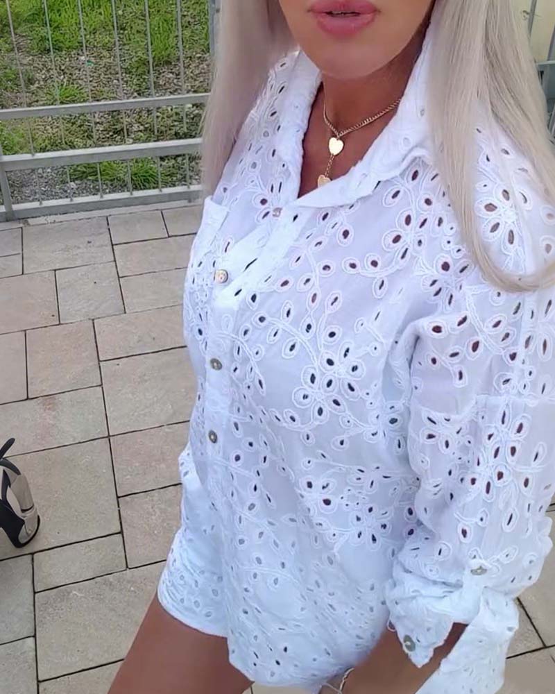 Long-Sleeved Lapel Hollow Shorts Set