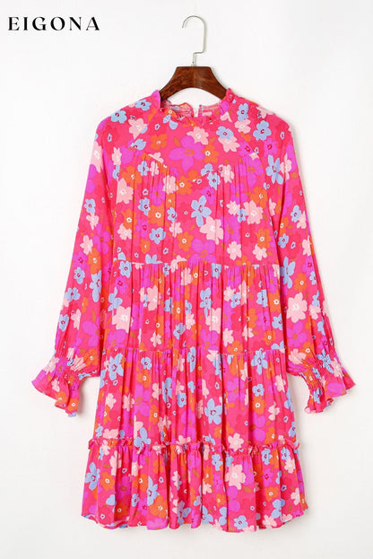 Multicolour Floral Bubble Sleeve Tiered Babydoll Dress All In Stock casual dresses clothes Color Pink dress dresses long sleeve dress long sleeve dresses Occasion Daily Print Floral Season Spring short dresses Silhouette A-Line Style Southern Belle