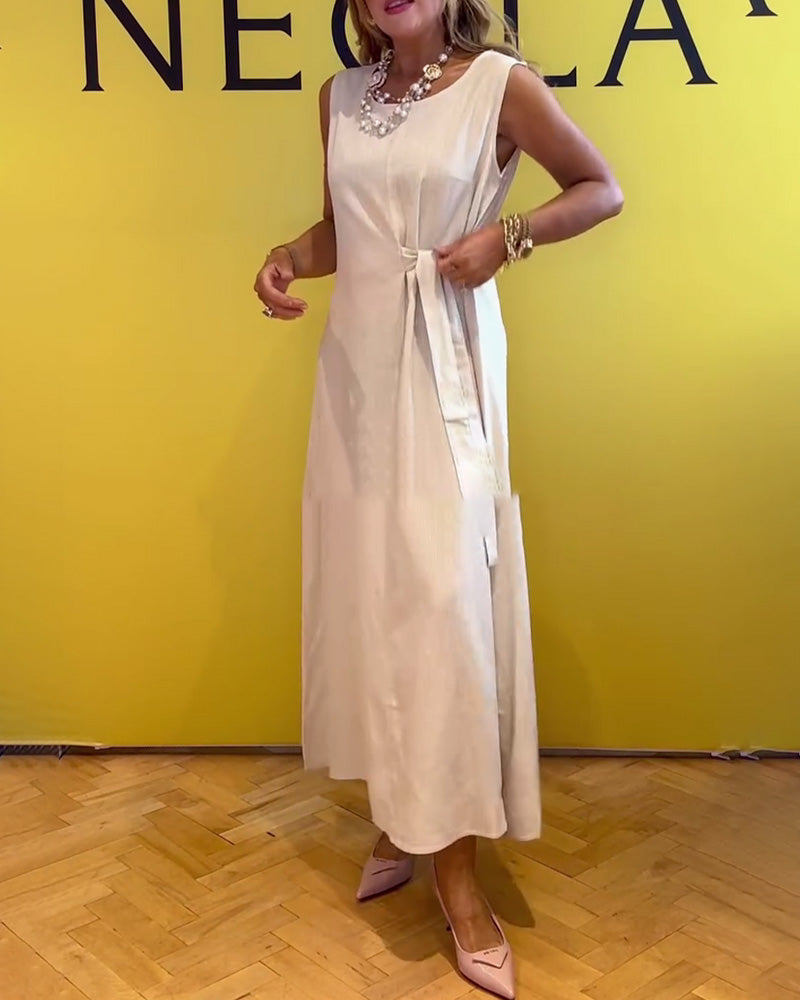 Sleeveless Cotton And Linen Waist Solid Color Dress