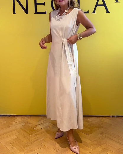 Sleeveless Cotton And Linen Waist Solid Color Dress