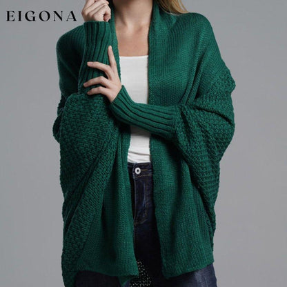 Double Take Sleeve Open Front Ribbed Trim Longline Cardigan Green One Size cardigan cardigans clothes Double Take Ship From Overseas sweaters