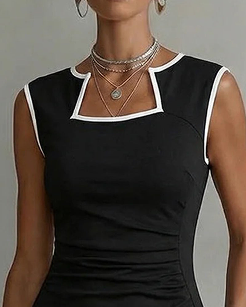 Color Block Square Neck Waist Tie Bodycon Dress