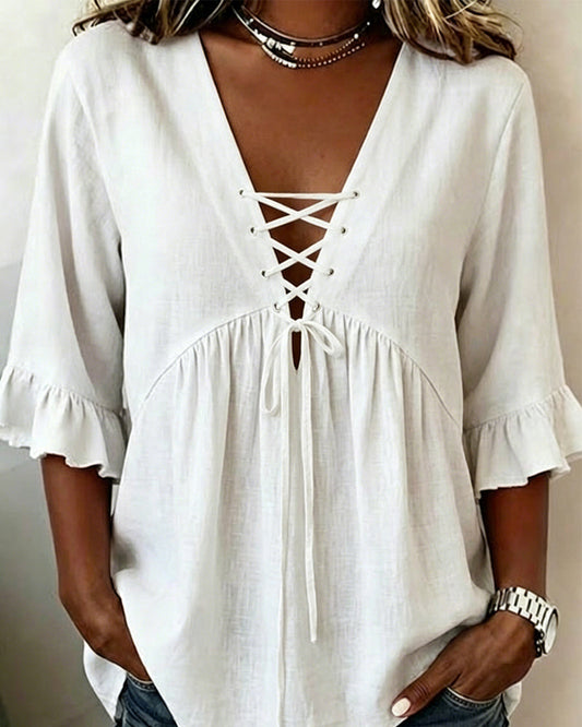 Solid V-Neck Ruffle Blouse blouses & shirts spring summer